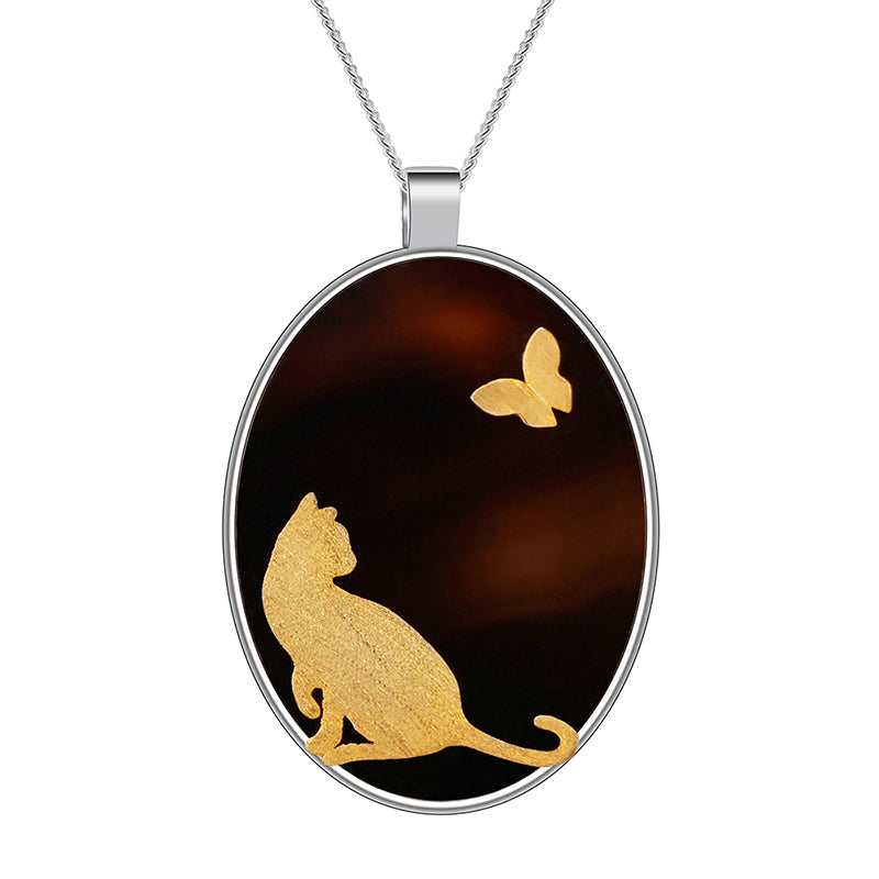 Cat and Butterfly Agate Pendant